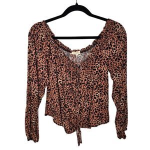 Rewind Leopard Printed Blouse Y2K Off Shoulder Cropped Front Tie Hem Top Size L